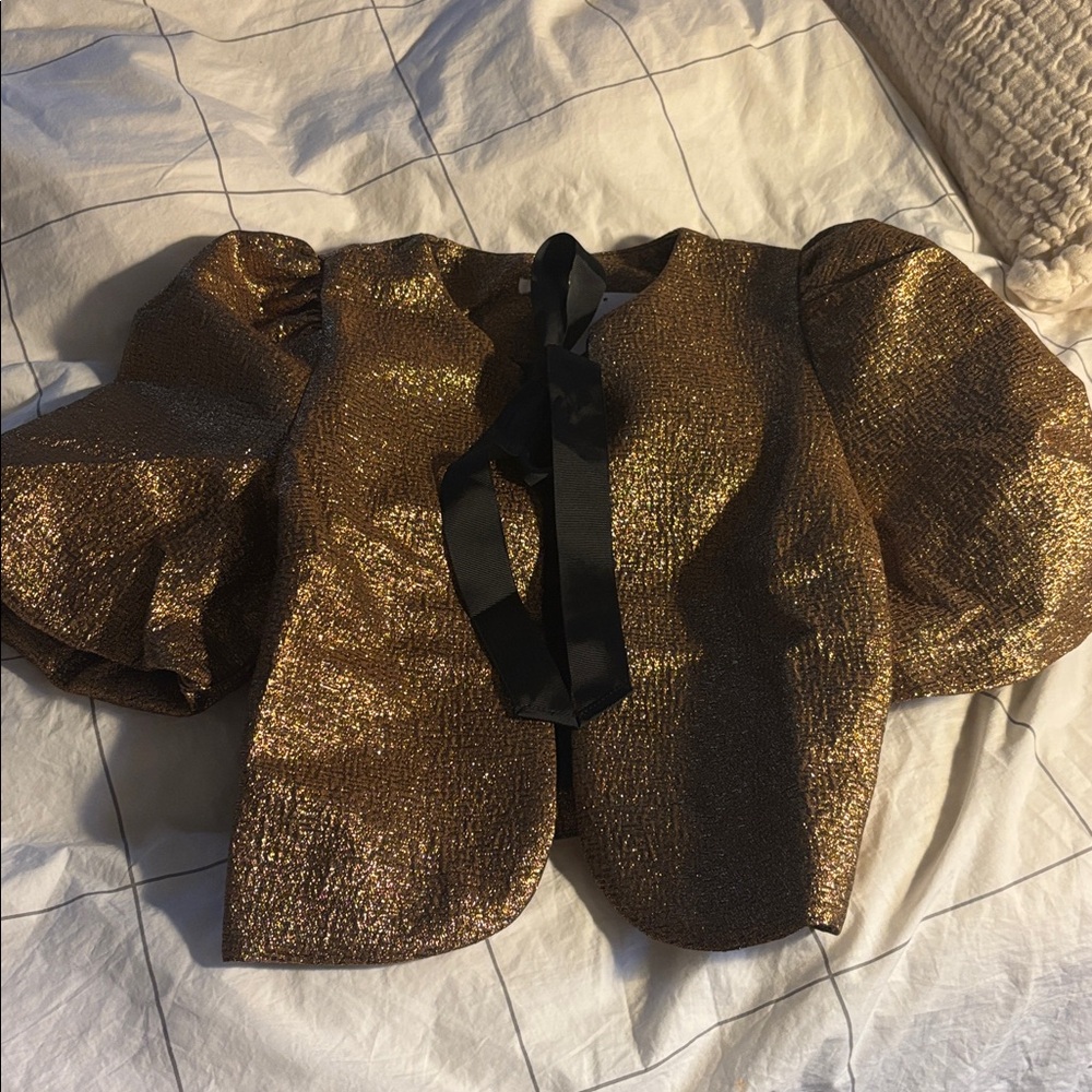 NWT H&M Puff Sleeve Holiday Top Jacket Cardigan Bow Gold Black Holiday Party
